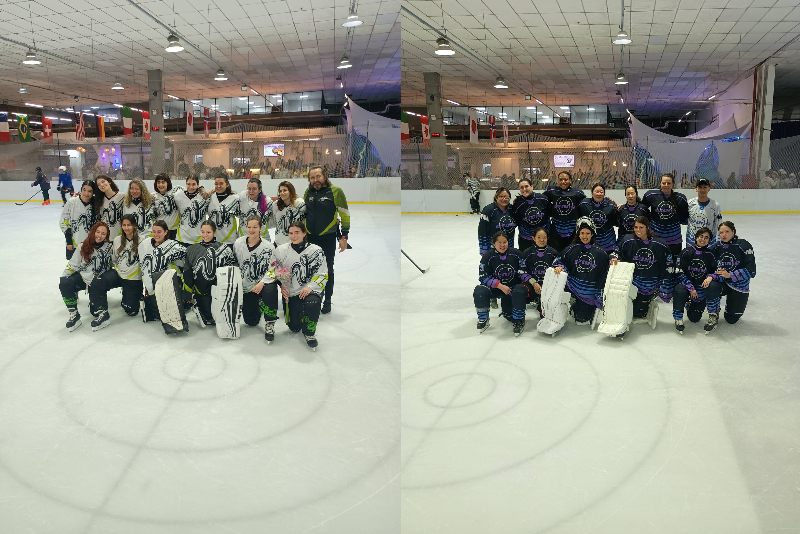 Na imagem, time do Vipers contra time do Ozone. As equipes finalistas do Campeonato Brasileiro Feminino de Hockey no Gelo 2025.